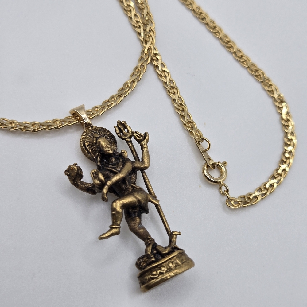 Brass Shiva Nataraja pendant Gold Chain Necklace Vintage Flattened Figaro Chain